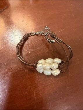 Handcrafted Brown Leather Bracelet with White Pearl Cluster